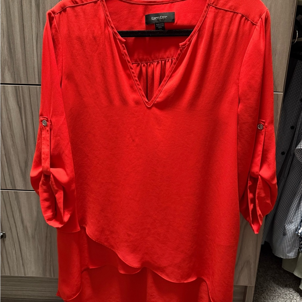 Karen Kane Vibrant Red V-Neck Asymmetrical Blouse